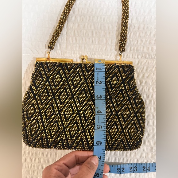 Vintage Beaded Handbag Black Gold Diamond Pattern Evening Purse
